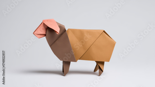 A colorful origami sheep created with folded paper, showcasing geometric shapes and a playful design in a minimalist style.