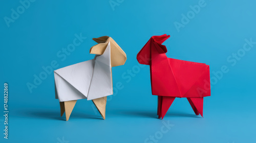 Two origami goats, one white and one red, stand against a solid blue background, showcasing intricate folding techniques and vibrant colors.