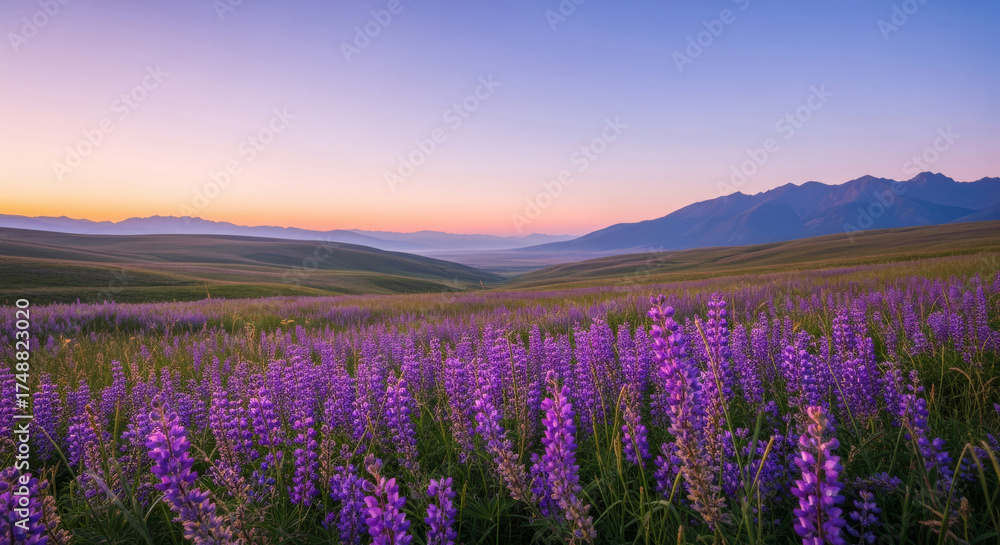 Obraz premium Vibrant Purple Lupine Field at Sunrise with Distant Mountains and Hazy Horizon.