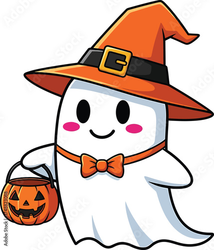 Cute cartoon ghost wearing a witch hat holding a pumpkin candy bucket