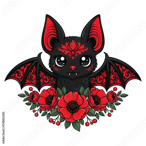 Cute kawaii bat with red flowers and gothic details halloween bat