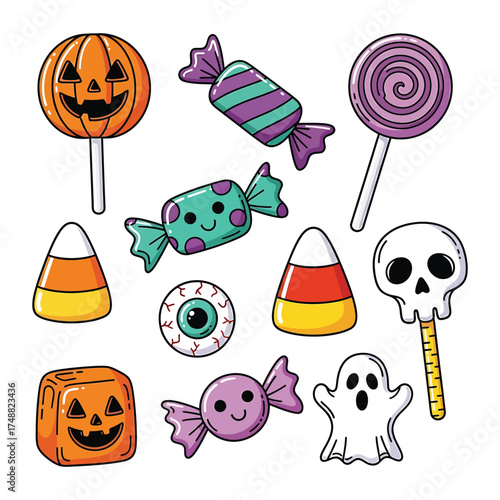 Whimsical halloween candy assortment with spooky treats and lollipops