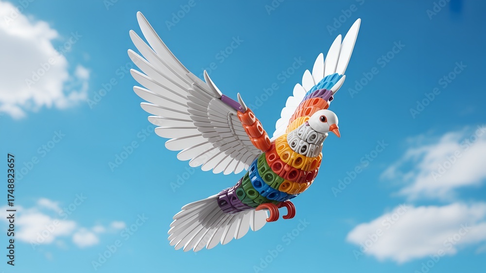 Obraz premium Majestic Rainbow Bird with Spread Wings Flying Through Bright Blue Sky with White Clouds.