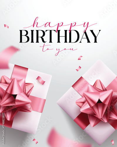 Happy birthday greeting card clipart poster design. Birthday gift boxes with pink shiny and glossy clip art in elegant girl template birthday card poster vector illustration.  
