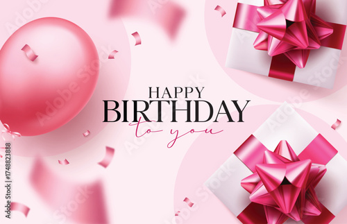 Happy Birthday greeting text clipart background. Birthday greeting card clip art with balloon, gift boxes and confetti decoration for elegant pink invitation card vector illustration. 
