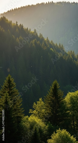 Lush forest hillside with dense trees green foliage and soft sunlight