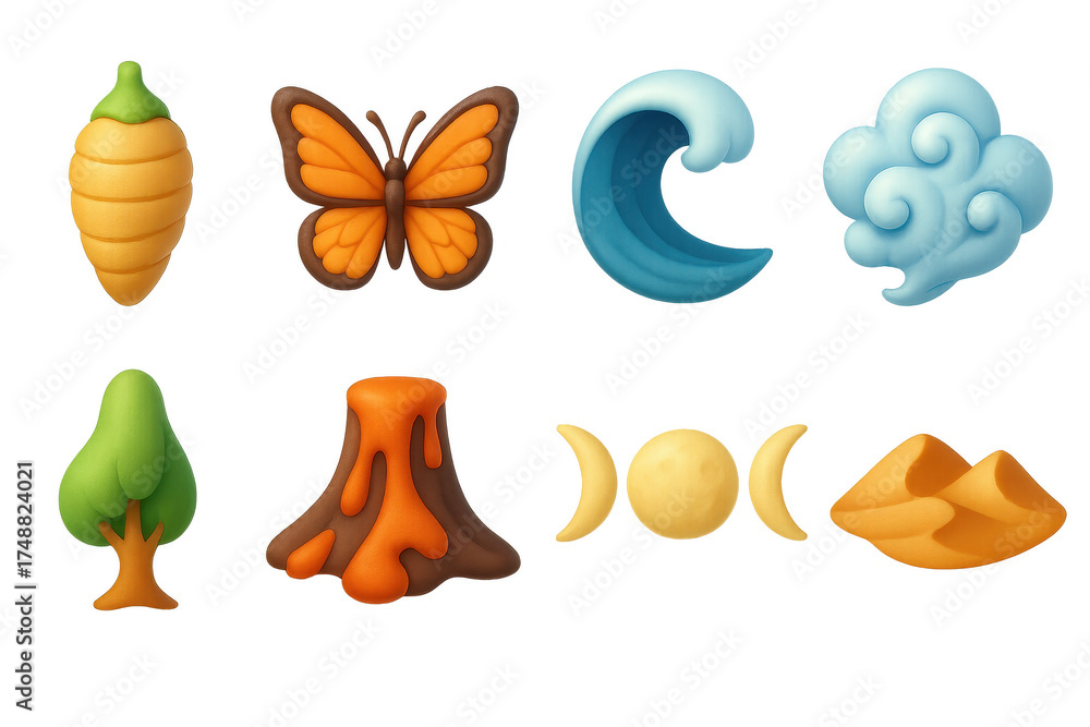 Naklejka premium Shape-Shifting Nature Icons. Shape-Shifting Nature icons in 3D color style: cocoon, butterfly, tidal wave, cloud swirl, tree morph, lava flow, moon