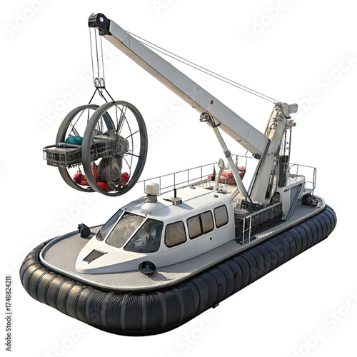 High-tech hovercraft equipped with crane and submersible cage, ready for underwater exploration or rescue missions, showcasing innovation and advanced engineering