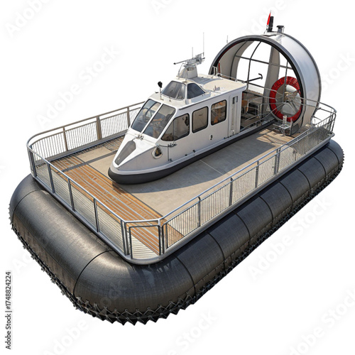 Modern hovercraft design ready for futuristic transportation, showcasing innovative technology for fast transit and unique travel experiences across diverse terrains
