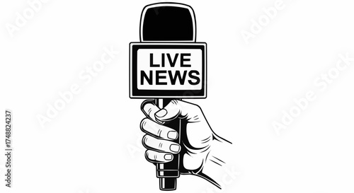 Hand holds microphone broadcasting live news report, modern journalism style