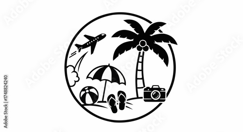 Dreaming of tropical getaways with palm trees, planes, & beach gear icon