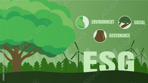 Vector illustration depicting ESG (Environmental, Social, and Governance) concepts with a large tree, forest, wind turbines, and key icons.