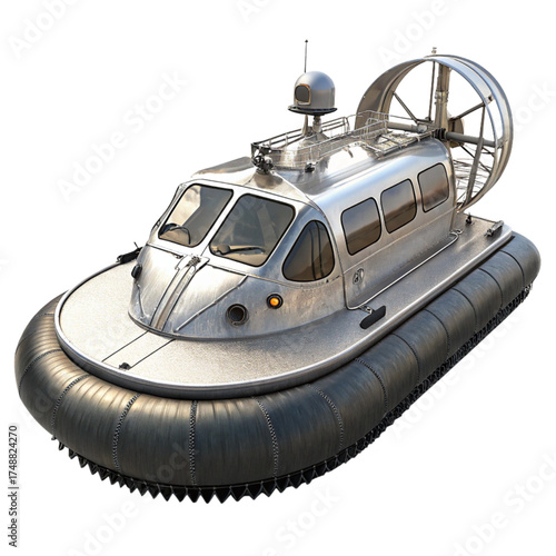 Futuristic hovercraft concept design with sleek silver finish and innovative propulsion system for cutting-edge transportation technology projects