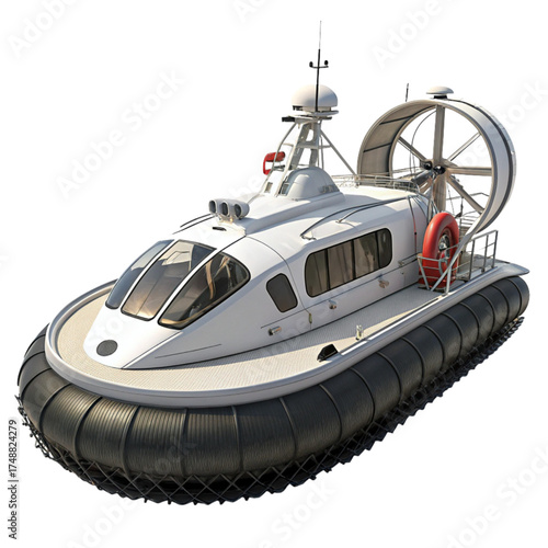 Modern white hovercraft gliding above ground, ready for adventure and exploration, showcasing innovation and futuristic design for transportation concepts