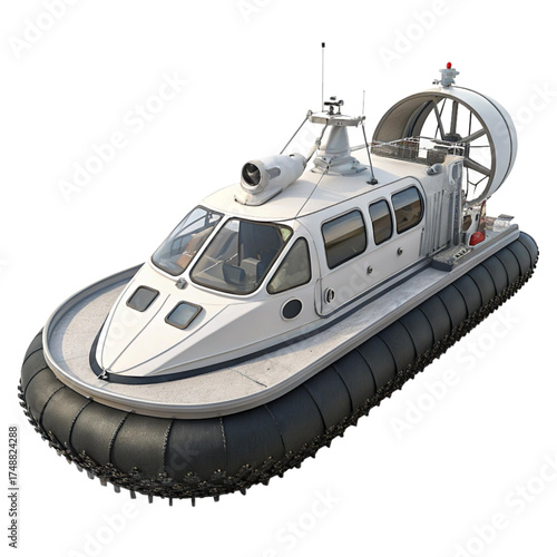 Sleek white hovercraft poised for adventure, a modern marvel of engineering ready to glide over land and sea, offering speed and exploration