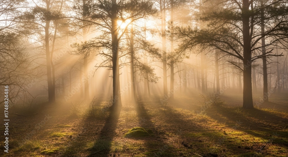 Obraz premium Sunlight through forest trees creating atmospheric landscape scene