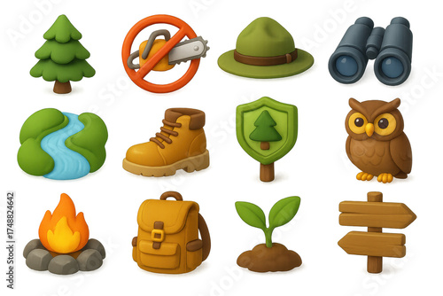 3D Forest Conservation Icons. Forest Conservation icons in 3D color style: pine tree, chainsaw with ban symbol, forest ranger hat, binoculars, river
