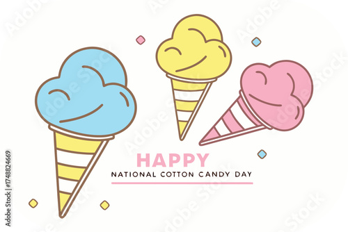 Happy National Cotton Candy Day With Colorful Ice Cream Cones celebration