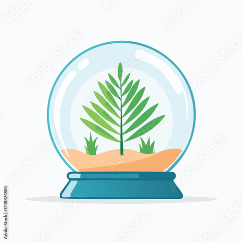 A charming illustration of a terrarium with a vibrant green plant and sandy base inside