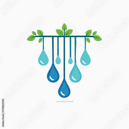 A minimalist logo showcasing water droplets suspended from a leafy branch formation