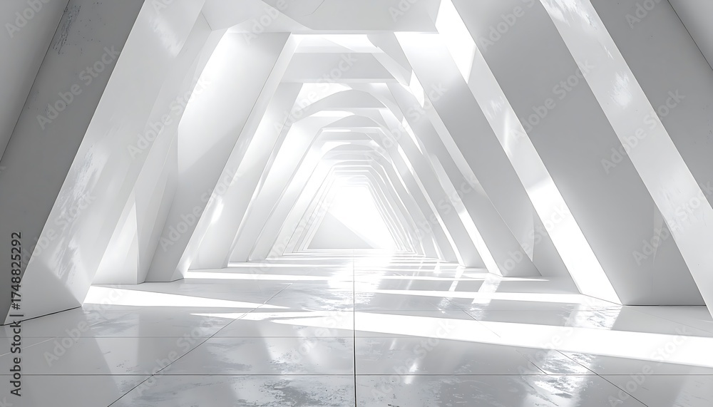 Fototapeta premium A spacious, minimalist architectural hallway design features repeating triangular support structures, creating a bright, airy and modern ambiance.