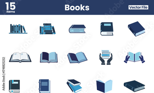 Book Icon Collection – Open, Closed, Stacked, and Reading Illustrations for Education and Publishing Design, Lifestyle