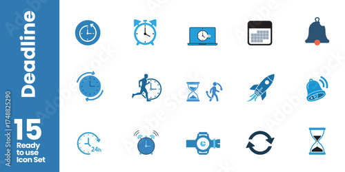 Deadline Icon Collection – Clocks, Hourglasses, Alarms, and Calendars Representing Time, Urgency, and Productivity, Business
