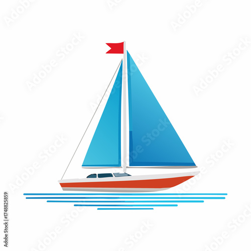 A vibrant illustration of a sailboat with blue sails and a red hull, sailing on the sea