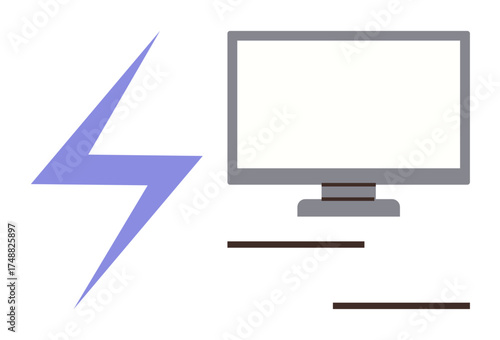 Purple lightning bolt beside a desktop computer screen, symbolizing power, digital technology, productivity, and innovation. Ideal for energy, computing, connectivity, speed modernity creativity
