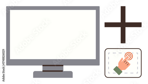 Flat screen monitor and finger tapping touch element connected with a plus. Ideal for technology, interface design, interactivity, user experience, remote work, presentations, tutorials. Simple flat