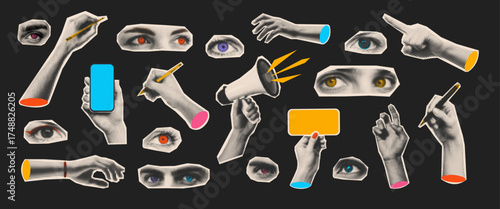 Set of 20 surreal collage elements in halftone style featuring hands, eyes, megaphone, and phones. Perfect for retro posters, zines, and graphic design.