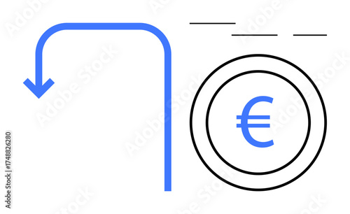 Blue arrow turning downwards next to Euro coin in a simple linear style. Ideal for finance, economics, savings, currency, investment, recession, strategy concepts. A simple flat metaphor