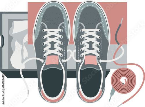 Top-down view of gray sneakers with white laces, box, and extra laces