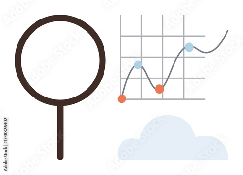 Magnifying glass and graph with rising trend lines connected by data points above a cloud. Ideal for analytics, business growth, data trends, market research, innovation, strategy, simple flat