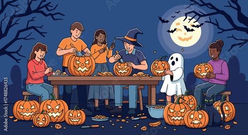 Group of people carving pumpkins for halloween at night