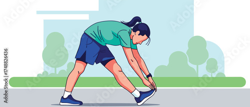 Woman stretching leg outdoors in athletic wear