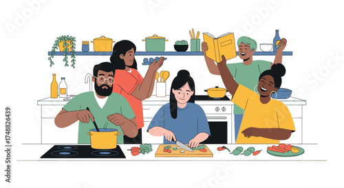 Group of people cooking together in a kitchen