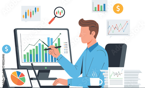 Man analyzing financial data on computer with charts and graphs