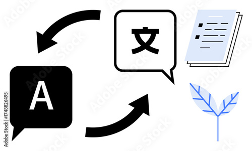 Letter A and foreign character in speech bubbles connected by arrows, document stack, and leaf. Ideal for translation, communication, globalization, education, language learning, localization simple