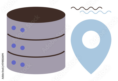 Data server tower with blue location pin and abstract wavy lines representing connectivity, access, and tracking. Ideal for cloud database, data center, geolocation services, analytics, storage