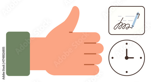 Thumbs-up gesture beside signed document and clock emphasizing task approval, efficiency, and punctuality. Ideal for productivity, time management, agreement, success, deadlines, workflow simple