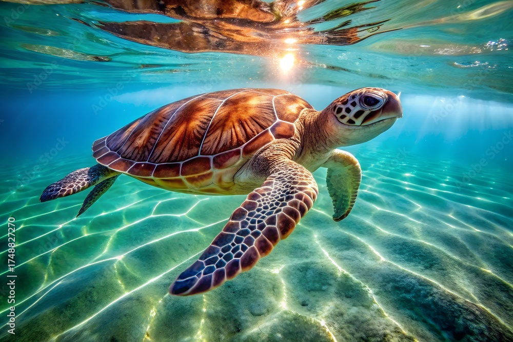 Obraz premium Majestic sea turtle gliding gracefully through crystal clear tropical ocean water sunlight shimmering