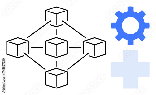 Interconnected cubes linked by lines, blue gear symbol, and a plus sign emphasize collaboration, innovation, and problem-solving. Ideal for technology, teamwork, systems, blockchain data sharing