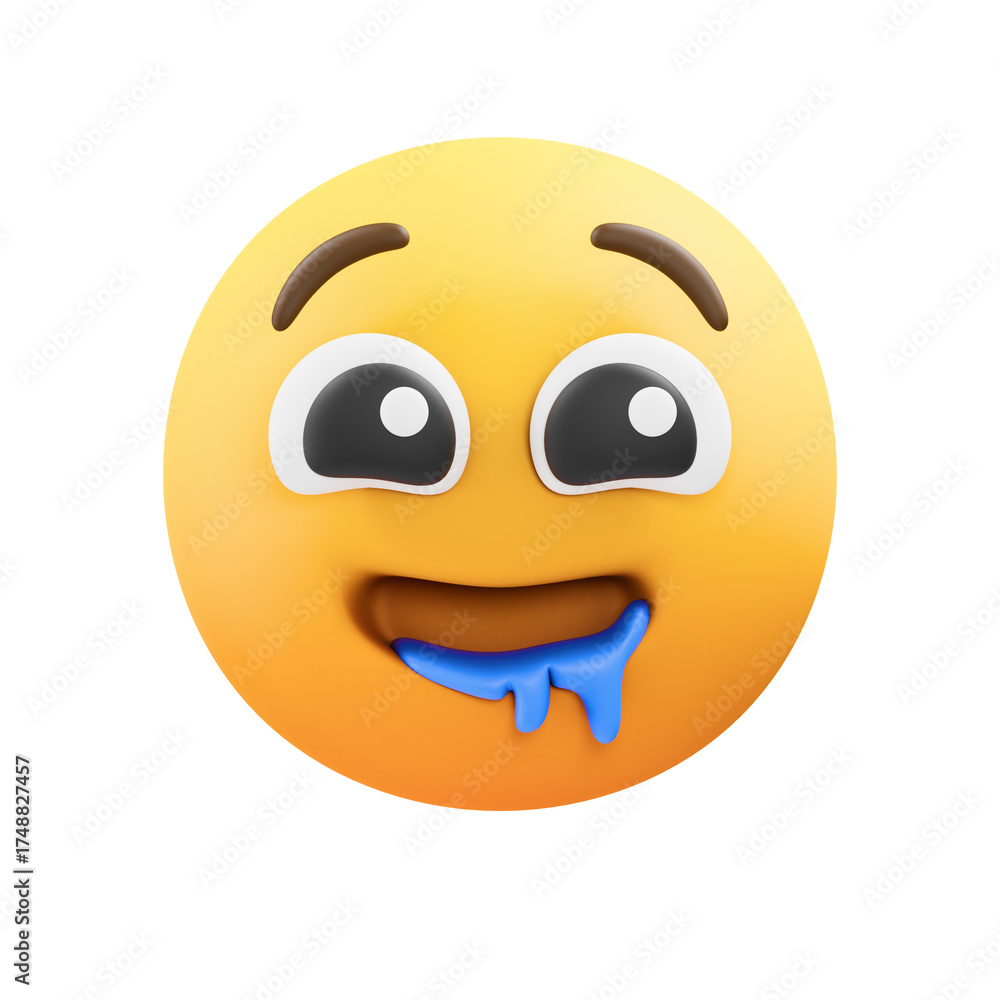Fototapeta premium A Yellow 3D Emoji Character with Drooling Blue Slime and Wide Eyes Expressing Exhilaration and Hunger Against a Black Background