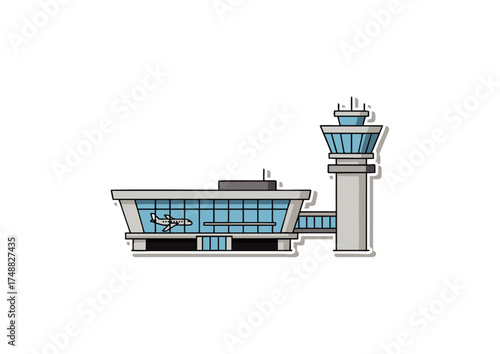 Modern airport terminal building with control tower and airplane