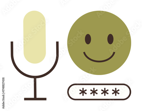 Microphone beside green happy face and password field with secure asterisks. Ideal for technology, cybersecurity, authentication, voice recognition, user experience, privacy, interface design. Simple