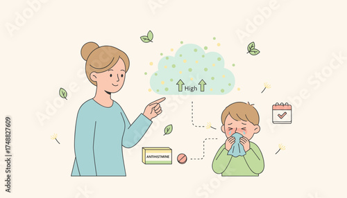 Mother helps child with seasonal allergies high pollen count and antihistamine treatment