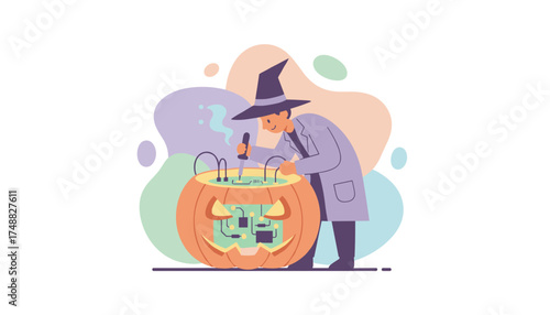 Wizard scientist building smart pumpkin with circuits for Halloween tech innovation