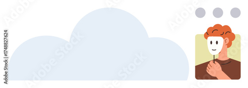 Red-haired person holding a white mask near their face, large cloud on the side, thought dots above. Ideal for identity, privacy, self-reflection, anonymity, decision-making, mental health emotions