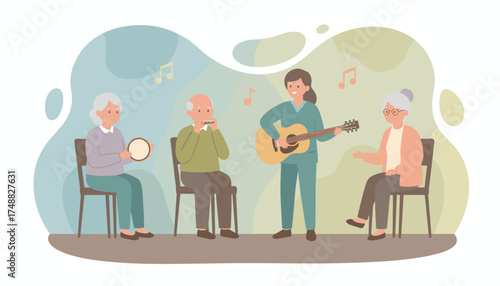 Seniors and caregiver enjoy music therapy with guitar tambourine and harmonica for wellness
